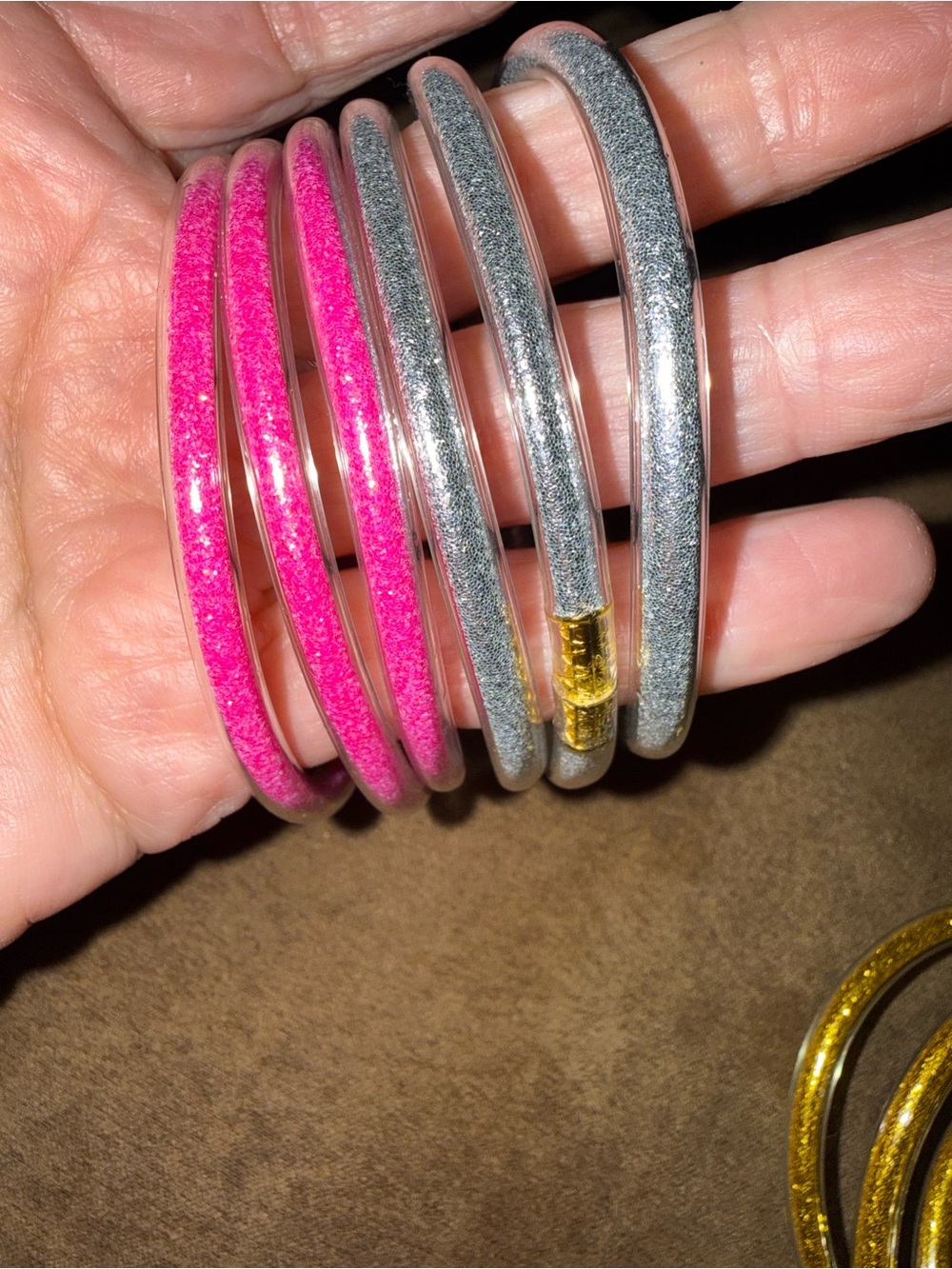 Glitter Pink & Silver Stackable Bangle Bracelet Set - Women Jewelry